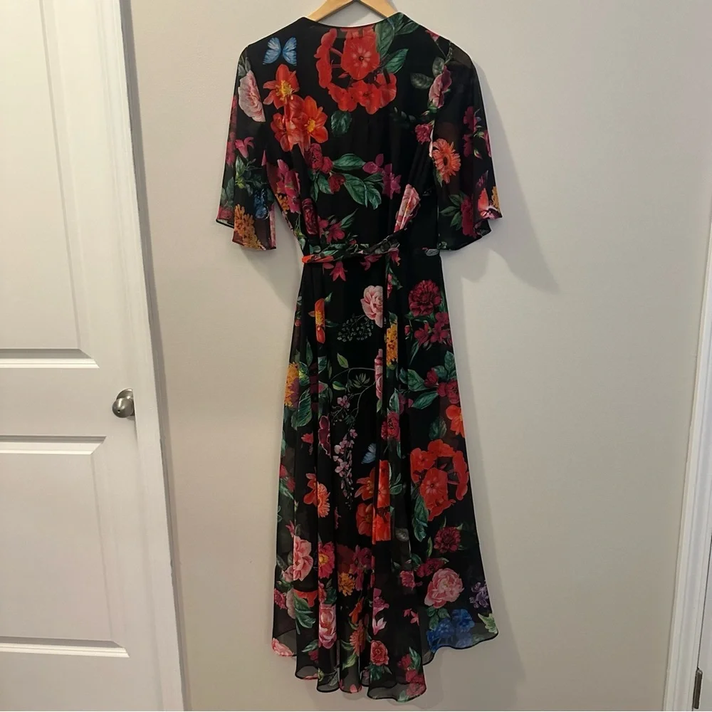 Joseph Ribkoff Floral Wrap Midi Dress Black Multicolor Size 8 Elegant Chic